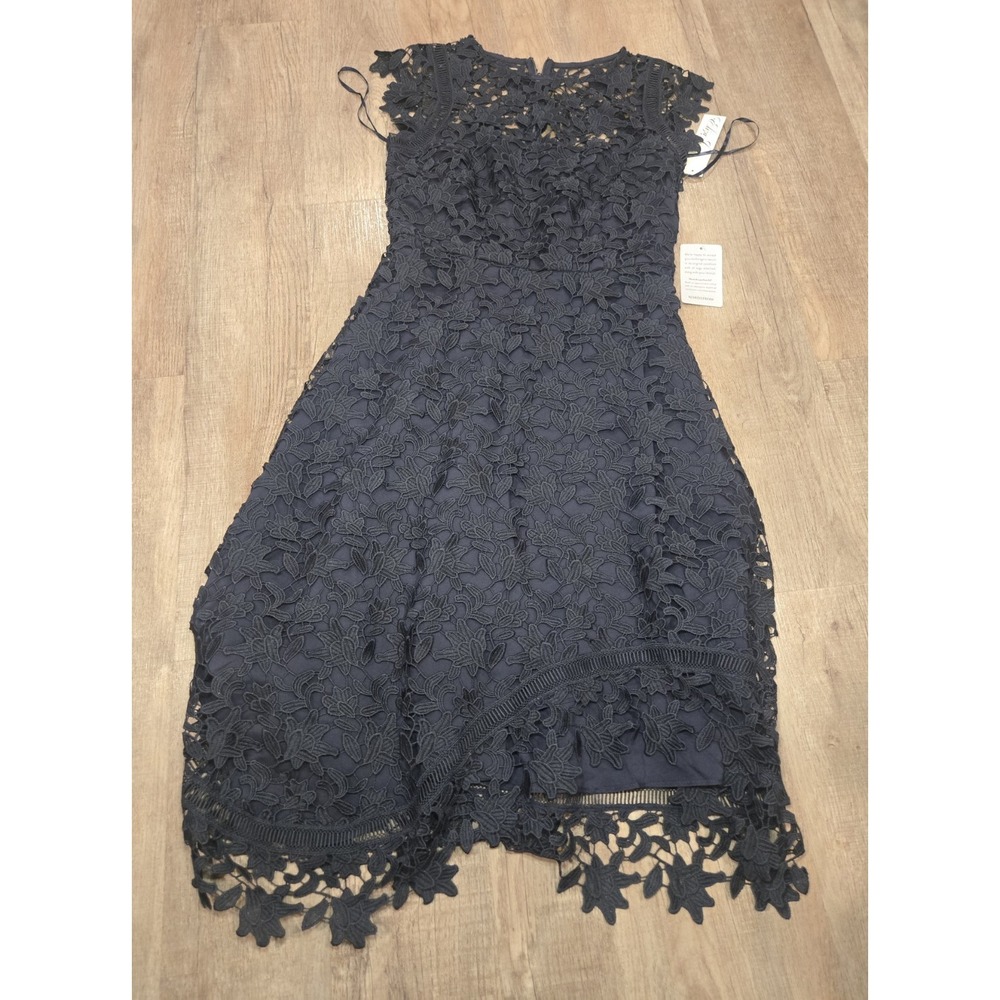 Eliza J Dress 4 Sheer Lace Asymmetric Dark Coquette Whimsigoth Romantic Navy - Picture 2 of 6